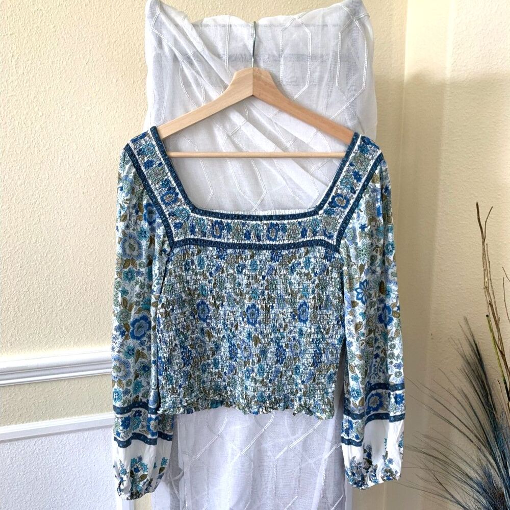 Cropped Floral Smocked Balloon Sleeve Blouse